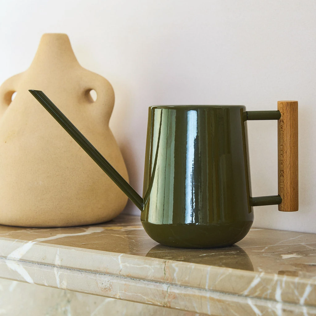 Indoor Watering Can 0.7L - Olive With Beech Handle 2 Indoor Watering Can 0.7L - Olive With Beech Handle - Image 2