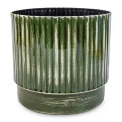 Nella Forest Green Distressed Metal Plant Pot – Ribbed Sage & Red Tones Indoor Planter -HORTOLOGY Plants Sale Nella Plant Pot Forest 21x19cm