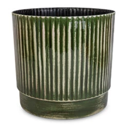 Nella Forest Green Distressed Metal Plant Pot – Ribbed Sage & Red Tones Indoor Planter -HORTOLOGY Plants Sale Nella Plant Pot Forest 25x24cm